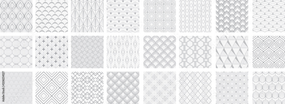 Collection of art deco seamless ornamental geometric patterns - gray design. Repeatable oriental luxury monochrome backgrounds. Decorative elegant prints