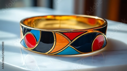 Unique handcrafted leather cuff bracelet featuring vibrant geometric patterns...