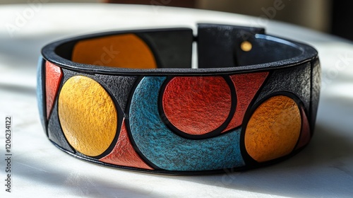 Unique handcrafted leather cuff bracelet featuring vibrant geometric patterns...