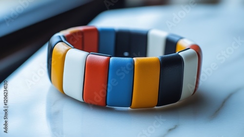Unique handcrafted leather cuff bracelet featuring vibrant geometric patterns...