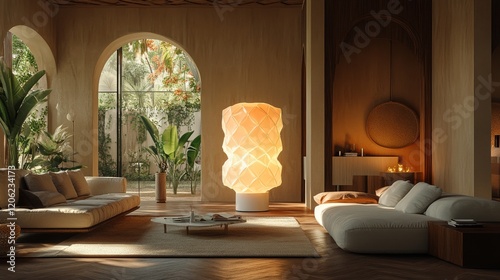 Modern floor lamp illuminating a cozy living room with evening ambiance
