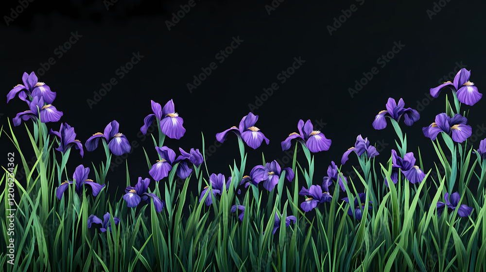 Dark purple irises blooming in a lush green meadow against a black background, blooms, botanical, black, floral. Twilight Meadow. Illustration Dark purple irises blooming in a lush green meadow against a black background, blooms, botanical, black, floral. Twilight Meadow. Illustration