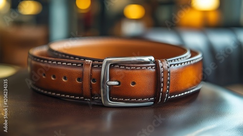 Stylish leather belt with polished buckle placed on a sleek surface in soft l...