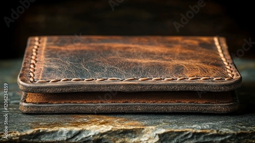 Handmade leather wallet resting on a stone surface under soft lighting