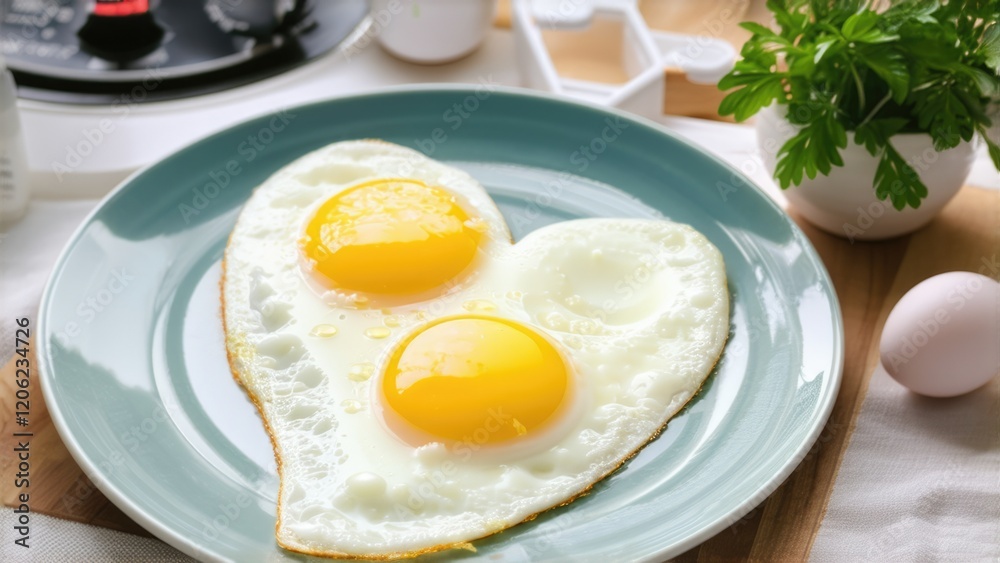 Heart-shaped scrambled eggs in the kitchen in the morning, Valentine's day breakfast