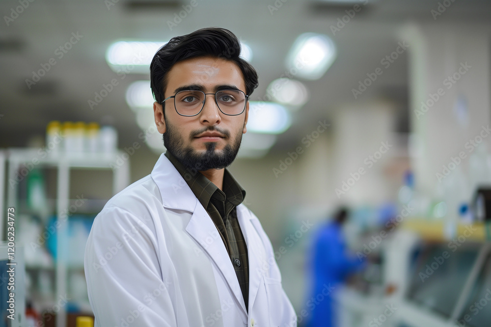Photography of a portrait of a Pakistan scientist with the laboratory in the background. Photography of a portrait of a Pakistan scientist with the laboratory in the background.