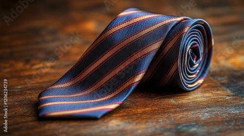 Stylish black and red striped tie on wooden surface with vintage background e...