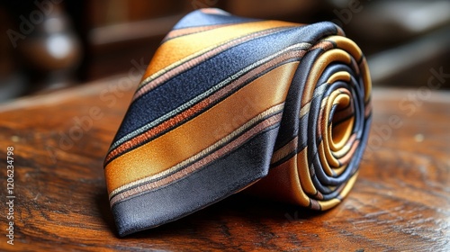 Stylish black and red striped tie on wooden surface with vintage background e...
