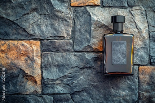 Elegant black perfume bottle resting against rough stone wall in natural light