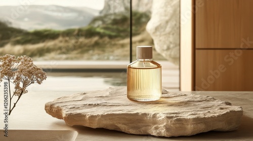 Natural skincare serum displayed on marble countertop in bright, minimalist i...