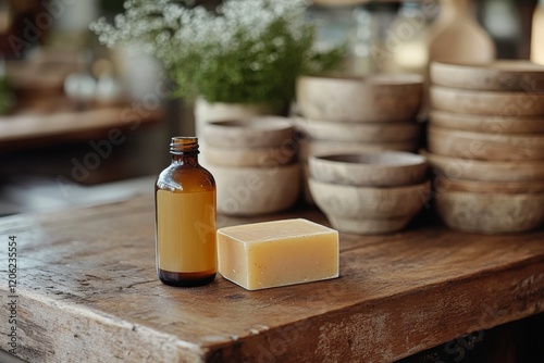 Natural soap and essential oil displayed on a rustic wooden table in a cozy shop