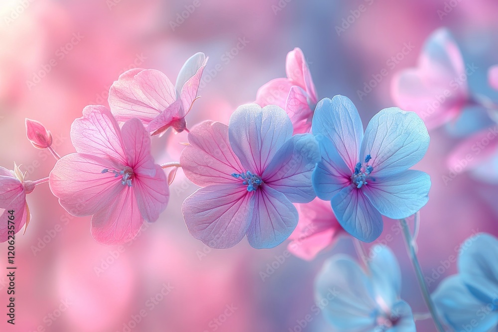 Obraz premium Minimal surrealist scene featuring wildflowers in soft, holographic hues with a gradient