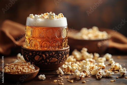 Refreshing beer paired with popcorn on a rustic table setting for a cozy gath...