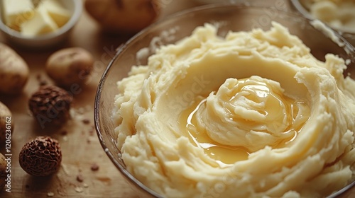 Delicious creamy mashed potatoes served in a bowl against a warm background