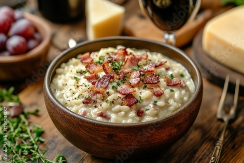 Creamy pasta dish topped with crispy bacon, herbs, and spices in a rustic set...