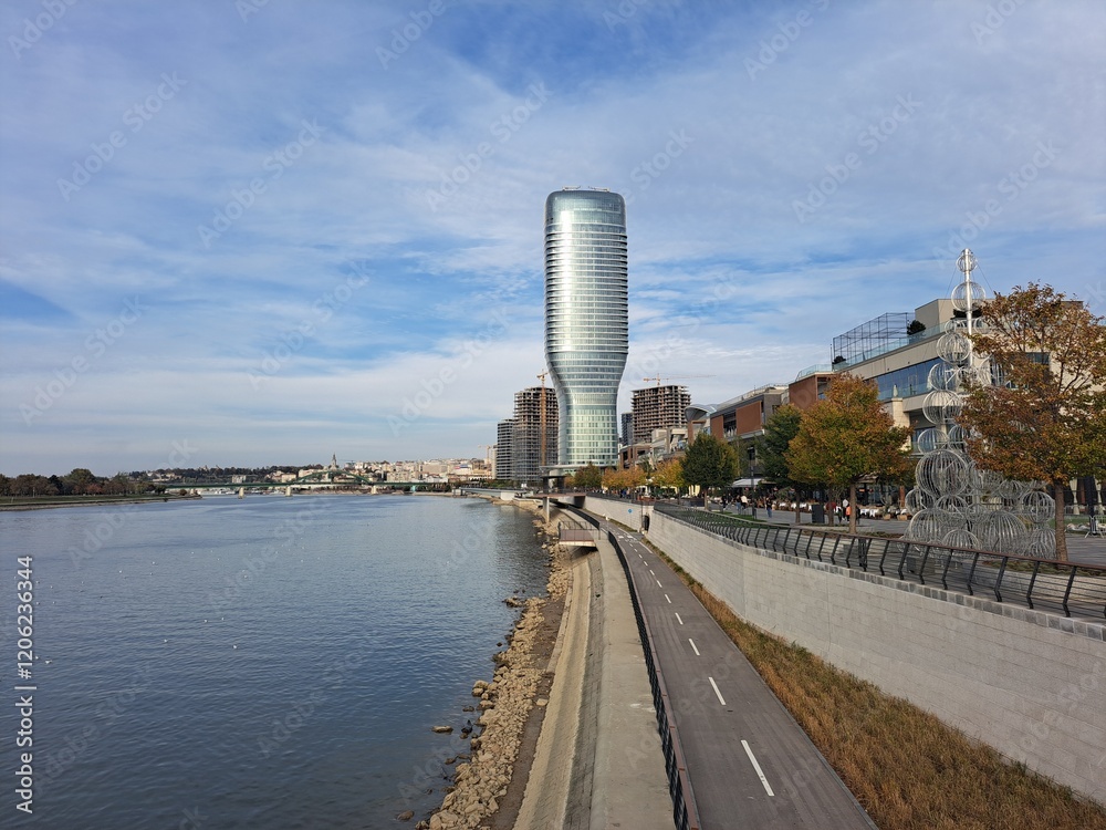 Fototapeta premium Belgrade Waterfront with the Belgrade Tower at Daytime in Belgrade, Serbia