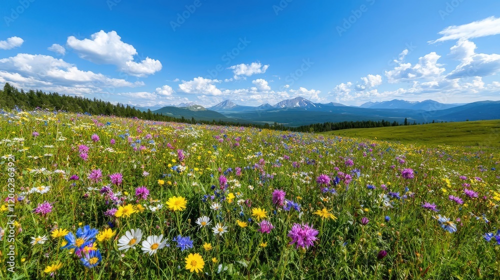 Colorful wildflowers bloom in mountain meadow under blue sky; scenic summer landscape for travel brochures Colorful wildflowers bloom in mountain meadow under blue sky; scenic summer landscape for travel brochures