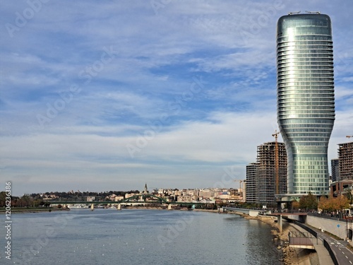 View on the Sava River and the Belgrade Waterfront with the Belgrade Tower in Belgrade, Serbia