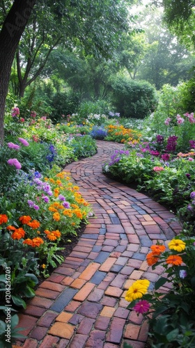 Colorful pathway winding through a lush garden filled with blooming flowers i...