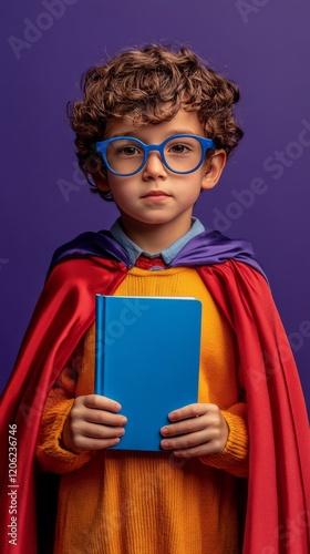 Young boy in superhero cape with glasses holding a blue book against a vibran...