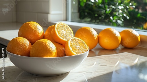 Fresh oranges in a rustic kitchen setting with natural light streaming in