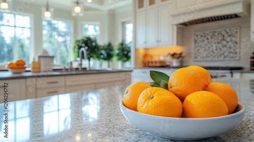 Fresh oranges in a rustic kitchen setting with natural light streaming in