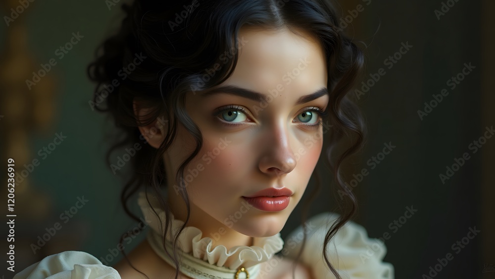 Fototapeta premium A close-up portrait of a fair-skinned woman with dark, wavy hair, and green eyes.