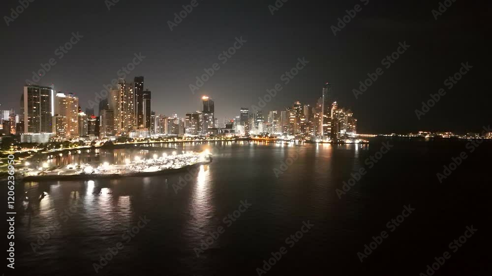 Aerial view of the Panama City skyline from the coastal strip at night, Panama. Aerial view of the Panama City skyline from the coastal strip at night, Panama.