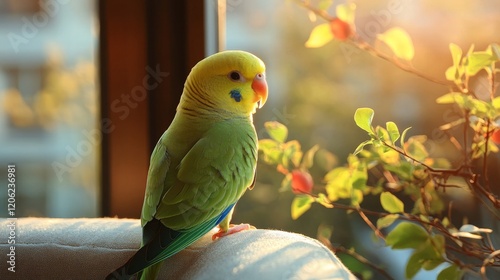Bright green budgie perched by a sunlit window with plants in the background ...