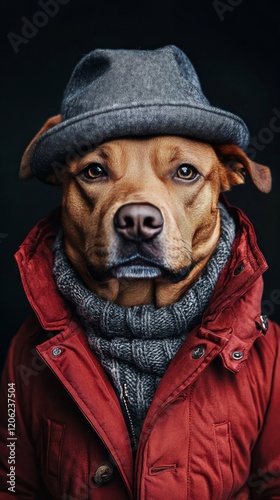 Dog wearing a stylish red jacket and grey hat poses against a dark background