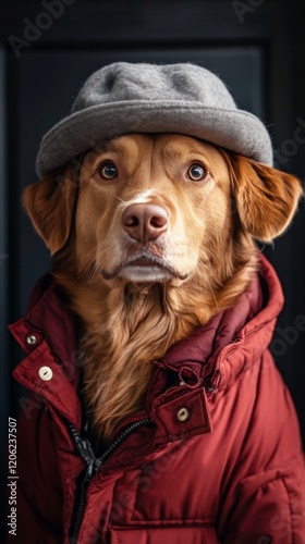 Dog wearing a stylish red jacket and grey hat poses against a dark background