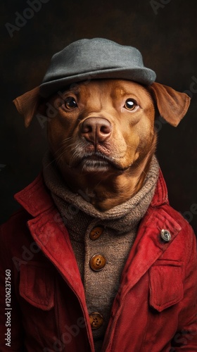 Dog wearing a stylish red jacket and grey hat poses against a dark background