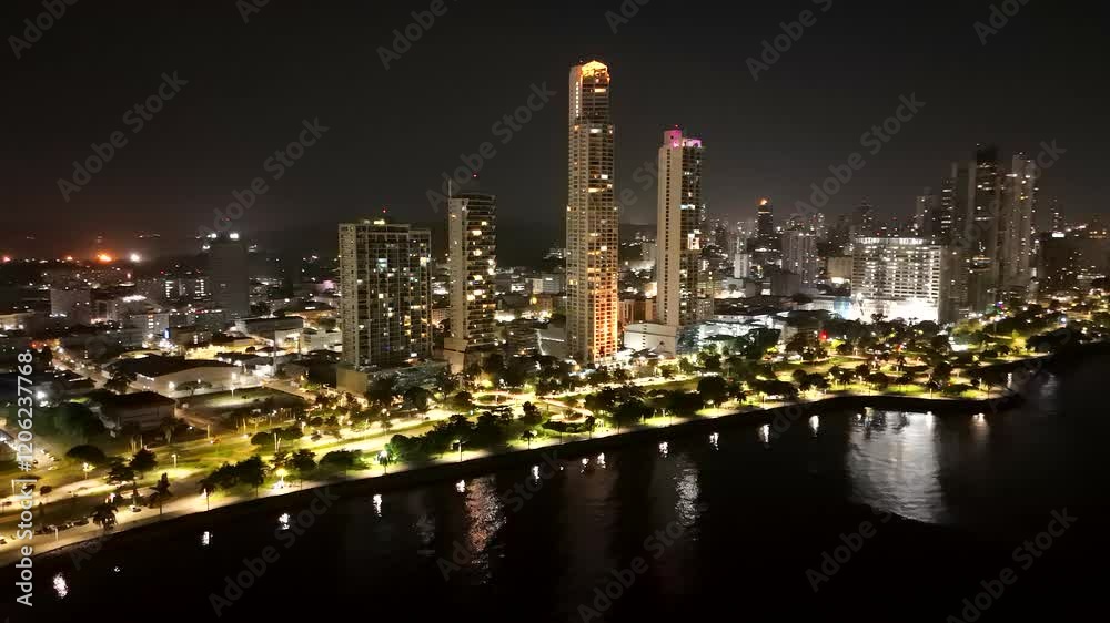Aerial view of the Panama City skyline from the coastal strip at night, Panama. Aerial view of the Panama City skyline from the coastal strip at night, Panama.