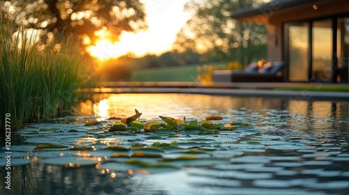 Tranquil water garden with blooming lotus flowers in serene pool setting duri...