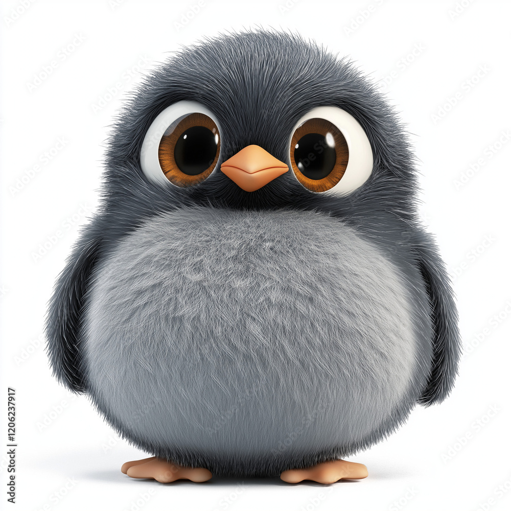 Fototapeta premium 3D-style penguin chick clipart with big expressive eyes, a fluffy gray belly, and a happy pose, isolated on a white background