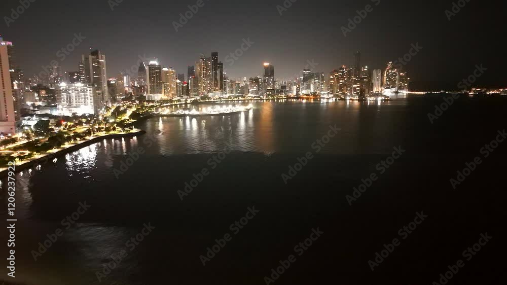 Aerial view of the Panama City skyline from the coastal strip at night, Panama. Aerial view of the Panama City skyline from the coastal strip at night, Panama.