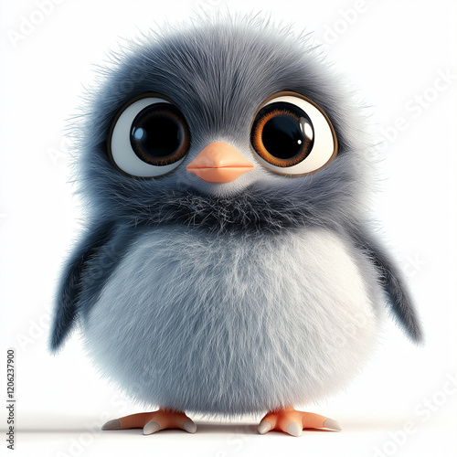 3D-style penguin chick clipart with big expressive eyes, a fluffy gray belly, and a happy pose, isolated on a white background