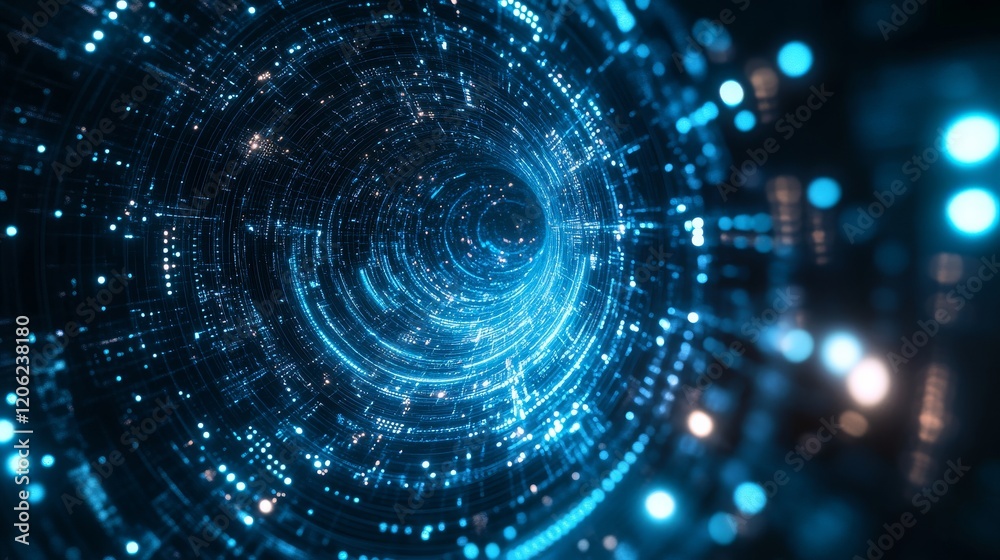 An abstract digital rendering depicting a tunnel made of blue lights and circuit patterns, representing technology, progress, connectivity, and the digital age's endless possibilities.