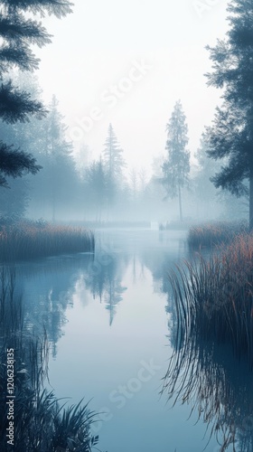 Autumn reflections on a serene lake in a forested landscape at dawn