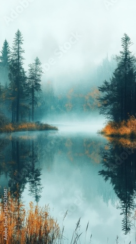 Autumn reflections on a serene lake in a forested landscape at dawn