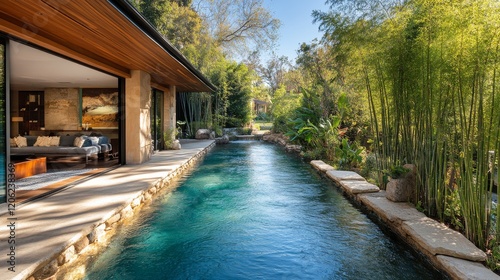 Tranquil bamboo garden with serene blue pool in lush green surroundings