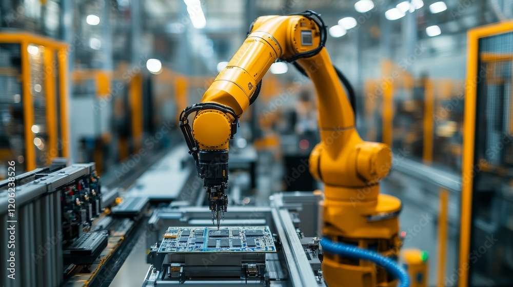 A modern industrial scene featuring a robotic arm precisely working on assembling an electronic circuit board, highlighting innovation and technological advancement. A modern industrial scene featuring a robotic arm precisely working on assembling an electronic circuit board, highlighting innovation and technological advancement.