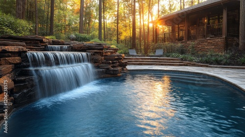 Serene pool with waterfall and sunset glow in wooded backyard retreat