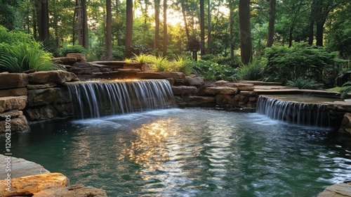 Serene pool with waterfall and sunset glow in wooded backyard retreat