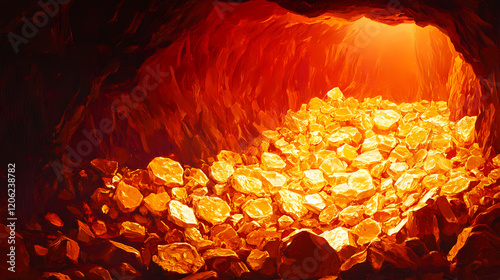 Mystical cave with gleaming gold nuggets illuminated by an ethereal red light creating enchanting and magical atmosphere. auriferous. illustration. Ethereal Cave. Illustration