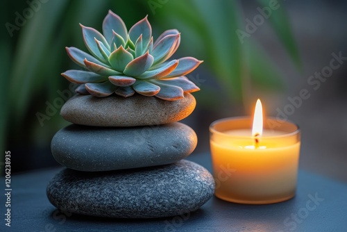 Tranquil arrangement of stones and succulent with a glowing candle in a seren...