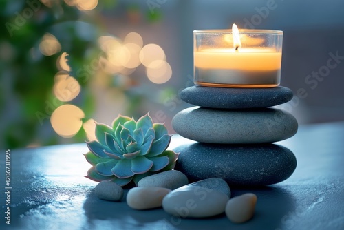 Tranquil arrangement of stones and succulent with a glowing candle in a seren...