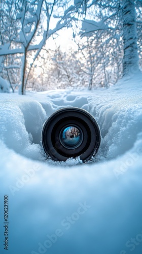Camera resting on snow-covered ground under a winter sunset in a serene forest