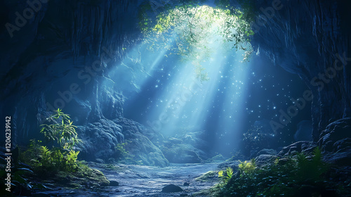The rays of moonlight filter through a cave entrance, casting an ethereal glow on the surrounding environment, moonlight, mysticism, enchantment. Ethereal Cave. Illustration