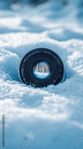 Camera resting on snow-covered ground under a winter sunset in a serene forest